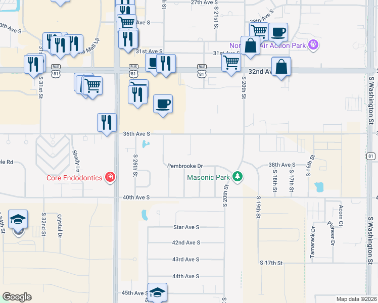 map of restaurants, bars, coffee shops, grocery stores, and more near 2401 36th Avenue South in Grand Forks