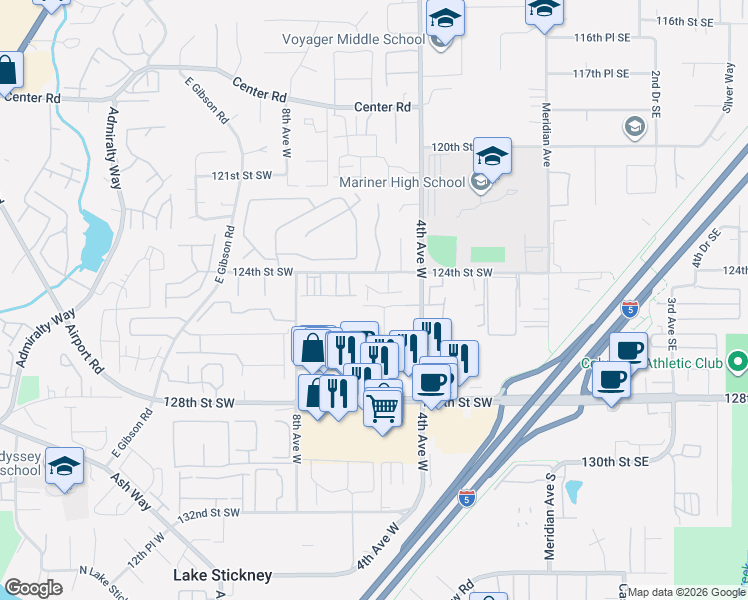 map of restaurants, bars, coffee shops, grocery stores, and more near 12600 4th Avenue West in Everett
