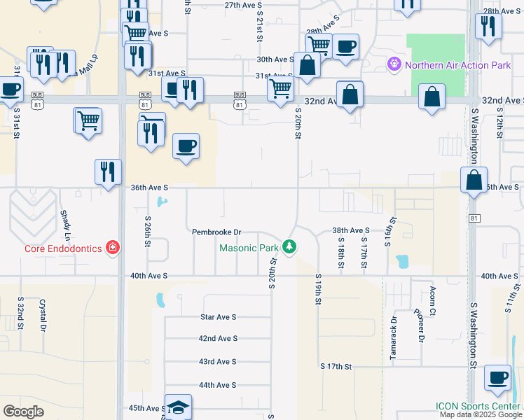map of restaurants, bars, coffee shops, grocery stores, and more near 2022 Pembrooke Drive in Grand Forks