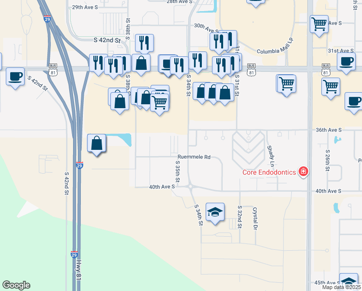 map of restaurants, bars, coffee shops, grocery stores, and more near 3450 Ruemmele Road in Grand Forks