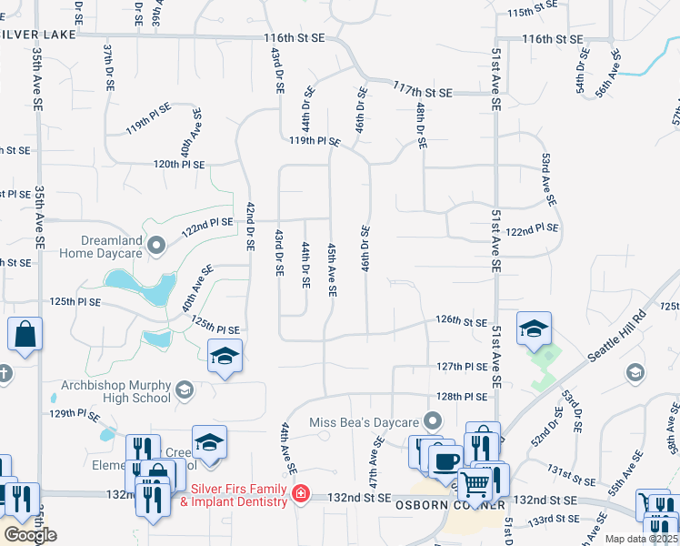 map of restaurants, bars, coffee shops, grocery stores, and more near 12420 46th Drive Southeast in Everett