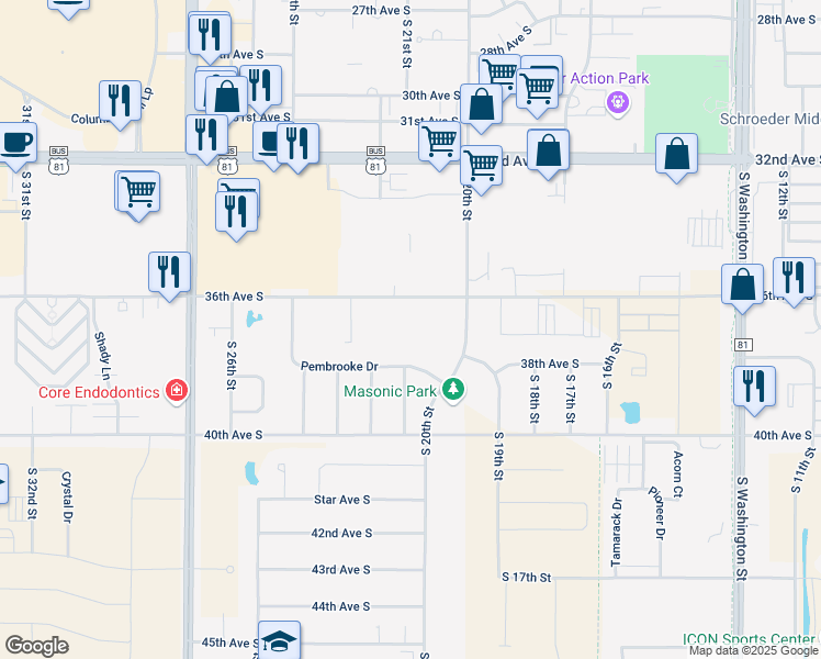 map of restaurants, bars, coffee shops, grocery stores, and more near 2151 36th Avenue South in Grand Forks