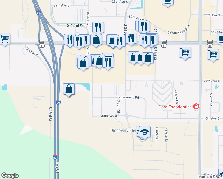map of restaurants, bars, coffee shops, grocery stores, and more near 3500 Ruemmele Road in Grand Forks