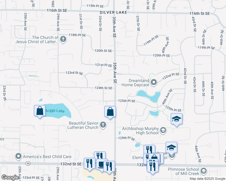 map of restaurants, bars, coffee shops, grocery stores, and more near 3433 125th Place Southeast in Everett