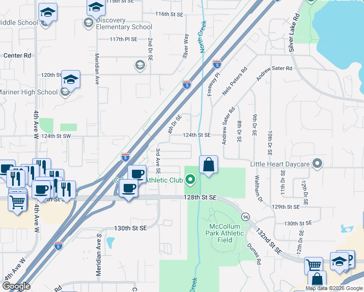 map of restaurants, bars, coffee shops, grocery stores, and more near 418 125th Street Southeast in Everett