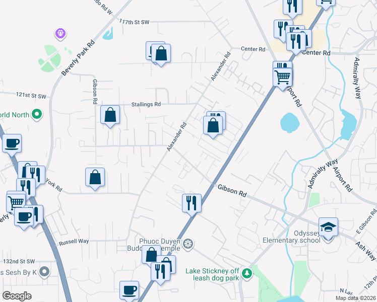 map of restaurants, bars, coffee shops, grocery stores, and more near 2402 Gibson Road in Everett