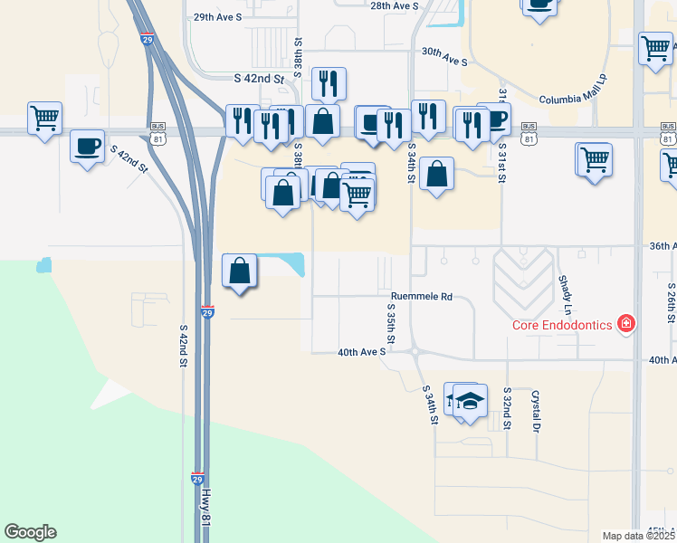 map of restaurants, bars, coffee shops, grocery stores, and more near 3750 Ruemmele Road in Grand Forks