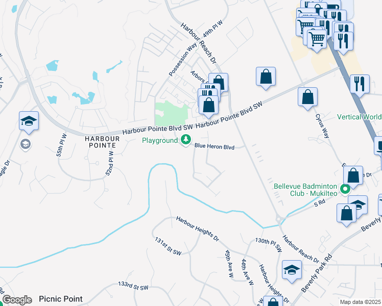 map of restaurants, bars, coffee shops, grocery stores, and more near 12584 Eagles Nest Drive in Mukilteo