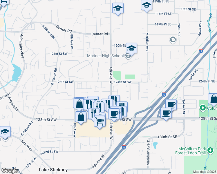 map of restaurants, bars, coffee shops, grocery stores, and more near 420 124th Place Southwest in Everett