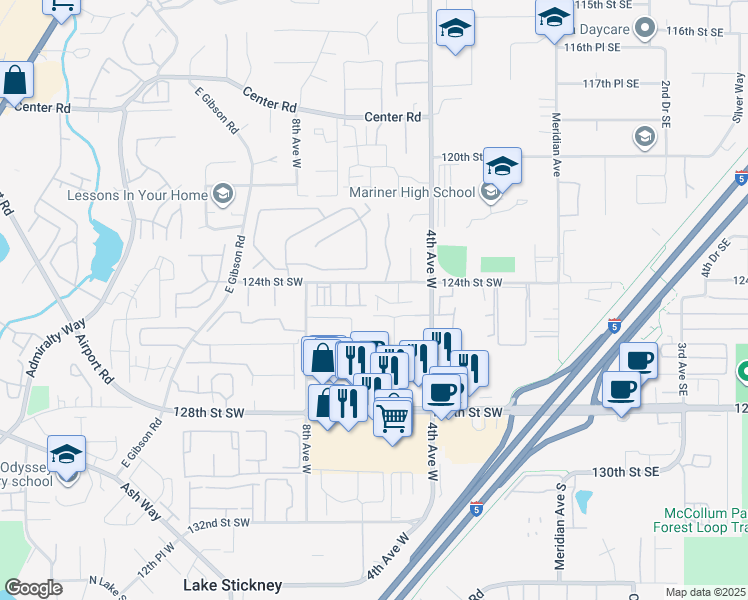 map of restaurants, bars, coffee shops, grocery stores, and more near 12600 4th Avenue West in Everett