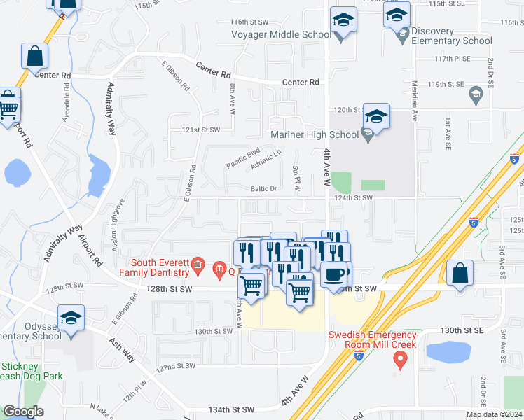 map of restaurants, bars, coffee shops, grocery stores, and more near 12601 8th Avenue West in Everett