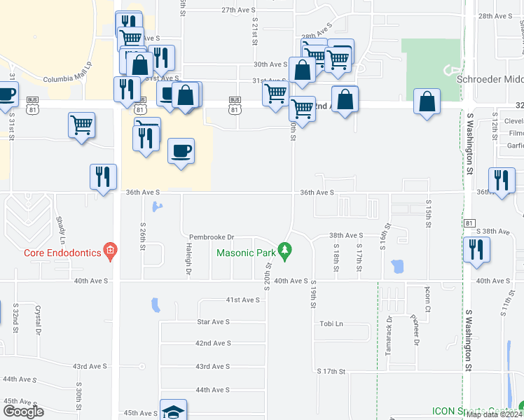 map of restaurants, bars, coffee shops, grocery stores, and more near 2022 Pembrooke Drive in Grand Forks