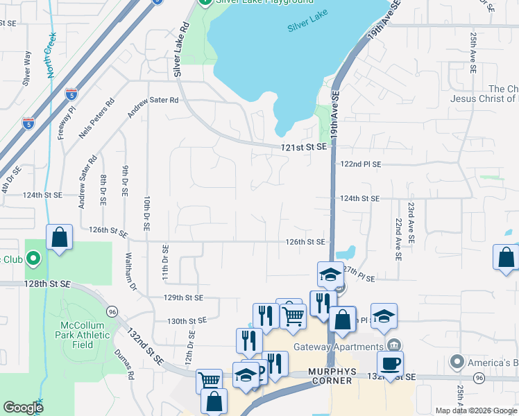 map of restaurants, bars, coffee shops, grocery stores, and more near 12428 16th Avenue Southeast in Everett