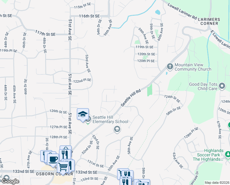 map of restaurants, bars, coffee shops, grocery stores, and more near 5533 125th Street Southeast in Snohomish