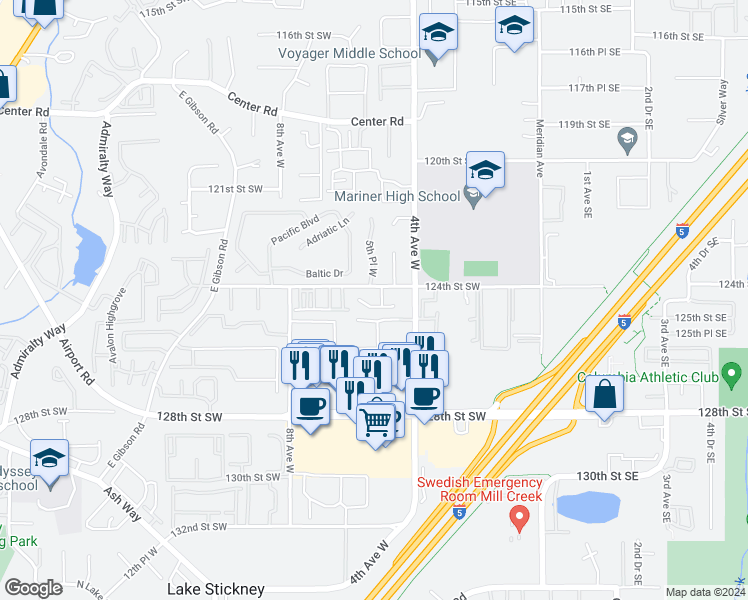 map of restaurants, bars, coffee shops, grocery stores, and more near 12600 4th Avenue West in Everett