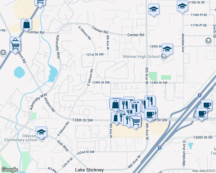 map of restaurants, bars, coffee shops, grocery stores, and more near 12601 8th Avenue West in Everett