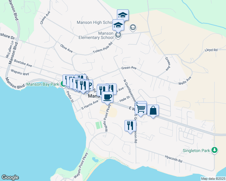 map of restaurants, bars, coffee shops, grocery stores, and more near 195 Mc Fadden Drive in Manson
