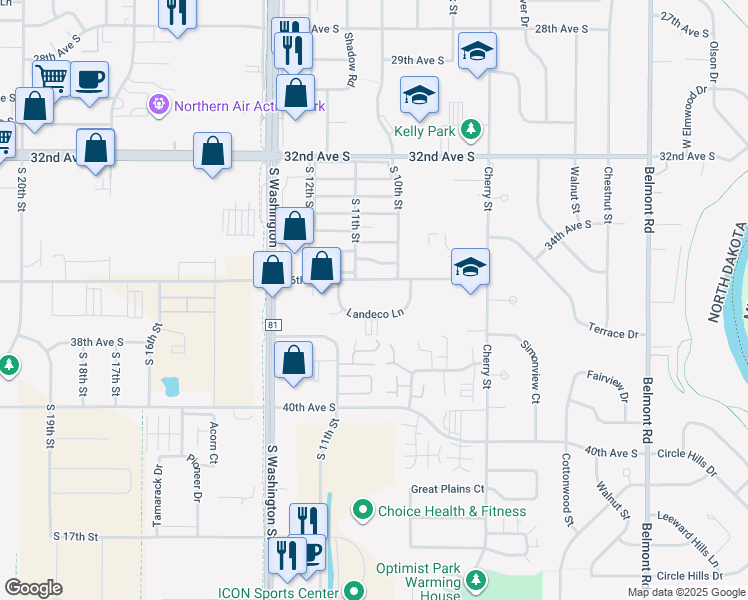 map of restaurants, bars, coffee shops, grocery stores, and more near 1013 Monroe Avenue in Grand Forks