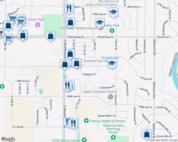 map of restaurants, bars, coffee shops, grocery stores, and more near 1105 Landeco Lane in Grand Forks