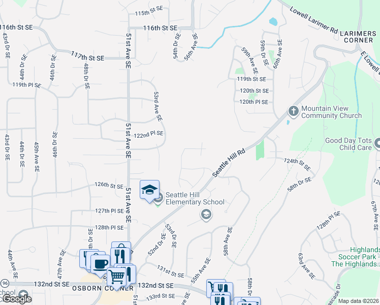 map of restaurants, bars, coffee shops, grocery stores, and more near 5422 123rd Place Southeast in Snohomish