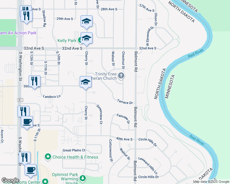 map of restaurants, bars, coffee shops, grocery stores, and more near 3418 Cherry Lynn Drive in Grand Forks