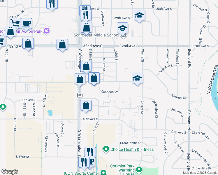 map of restaurants, bars, coffee shops, grocery stores, and more near 1013 Monroe Avenue in Grand Forks