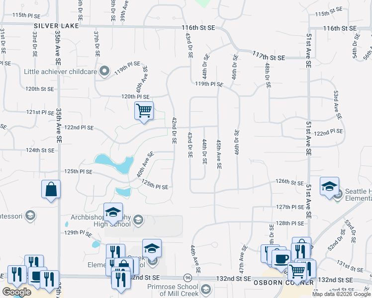 map of restaurants, bars, coffee shops, grocery stores, and more near 12311 42nd Drive Southeast in Everett