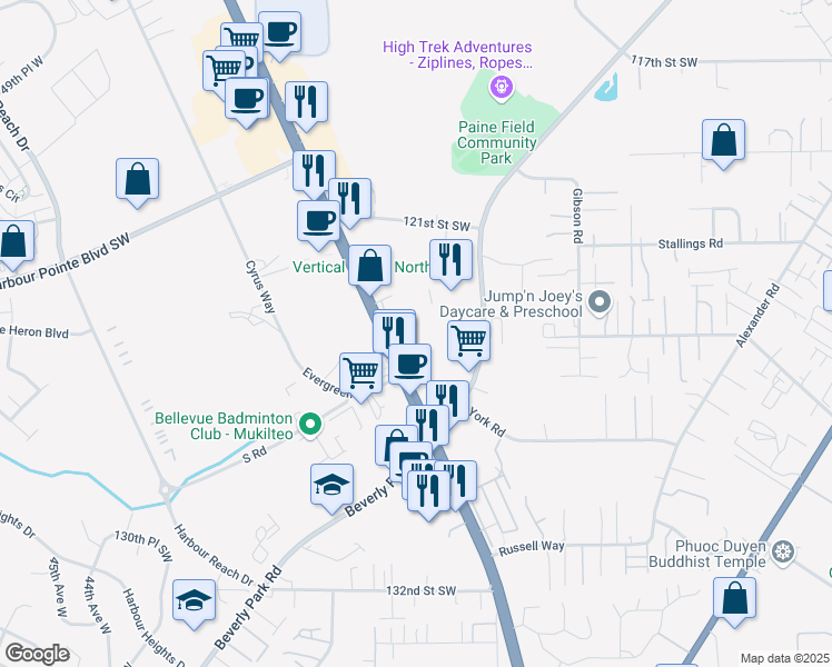 map of restaurants, bars, coffee shops, grocery stores, and more near 12326 Beverly Park Road in Lynnwood