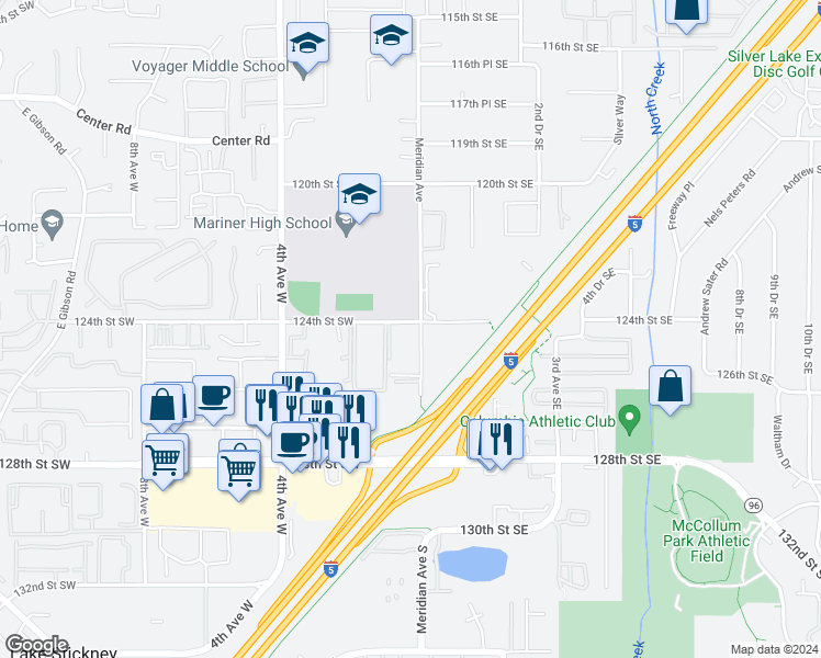 map of restaurants, bars, coffee shops, grocery stores, and more near 12310 Meridian Avenue in Everett