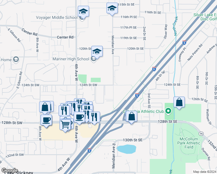 map of restaurants, bars, coffee shops, grocery stores, and more near 12310 Meridian Avenue in Everett