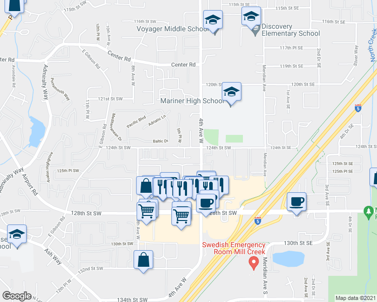 map of restaurants, bars, coffee shops, grocery stores, and more near 12319 4th Place West in Everett