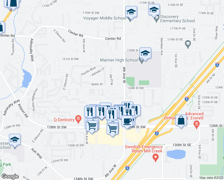 map of restaurants, bars, coffee shops, grocery stores, and more near 12306 5th Place West in Everett