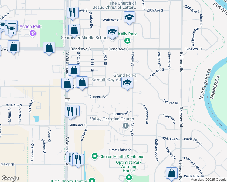 map of restaurants, bars, coffee shops, grocery stores, and more near 3615 Landeco Lane in Grand Forks