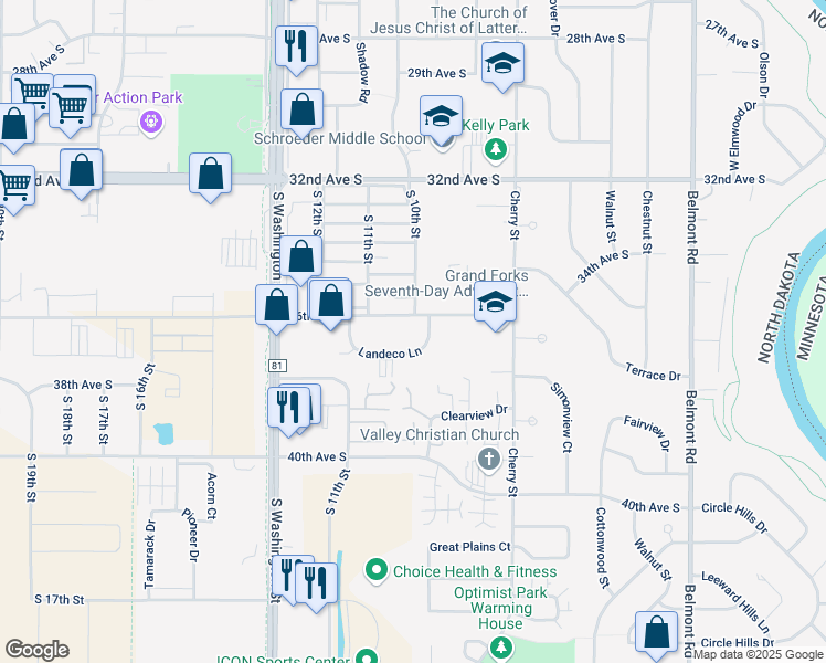map of restaurants, bars, coffee shops, grocery stores, and more near 3616 Landeco Lane in Grand Forks
