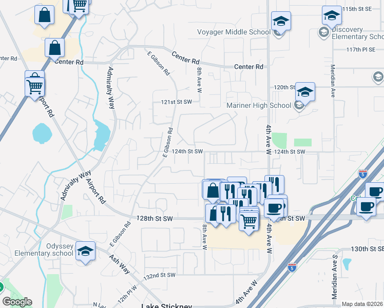 map of restaurants, bars, coffee shops, grocery stores, and more near 815 124th Street Southwest in Everett