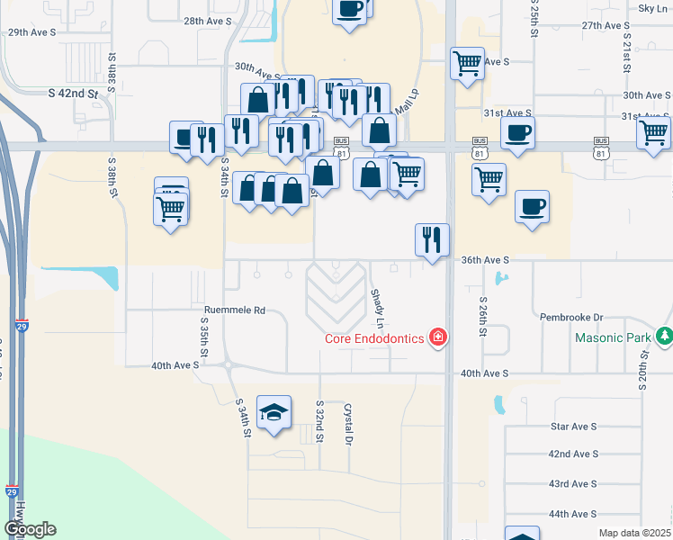 map of restaurants, bars, coffee shops, grocery stores, and more near 3084-3172 36th Avenue South in Grand Forks