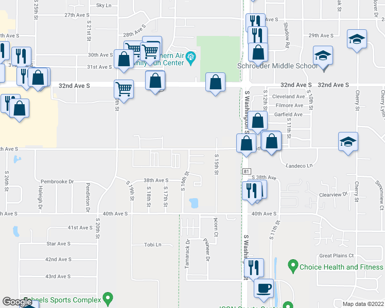 map of restaurants, bars, coffee shops, grocery stores, and more near 1590 Ardmore Avenue South in Grand Forks