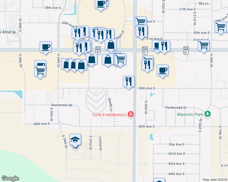 map of restaurants, bars, coffee shops, grocery stores, and more near 2875 36th Avenue South in Grand Forks