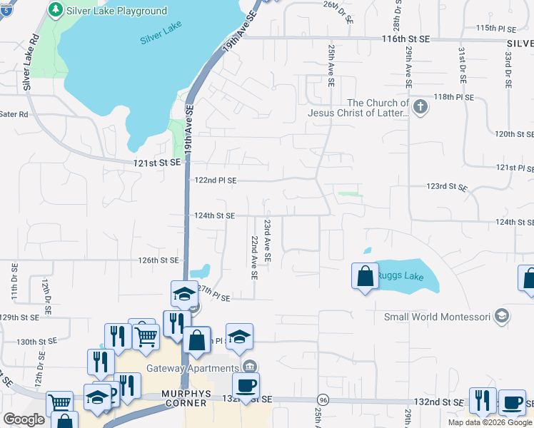 map of restaurants, bars, coffee shops, grocery stores, and more near 2223 124th Street Southeast in Everett
