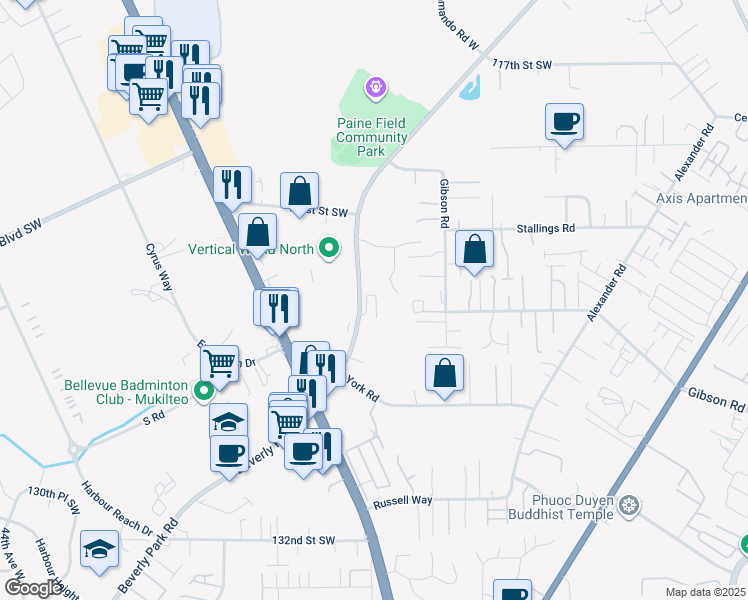 map of restaurants, bars, coffee shops, grocery stores, and more near 12419 Beverly Park Road in Lynnwood