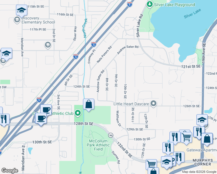 map of restaurants, bars, coffee shops, grocery stores, and more near 12401 8th Drive Southeast in Everett
