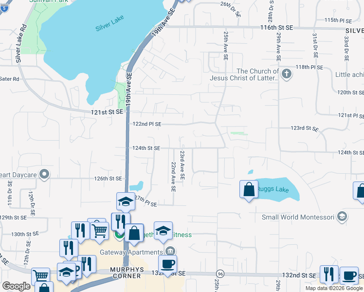 map of restaurants, bars, coffee shops, grocery stores, and more near 2223 124th Street Southeast in Everett