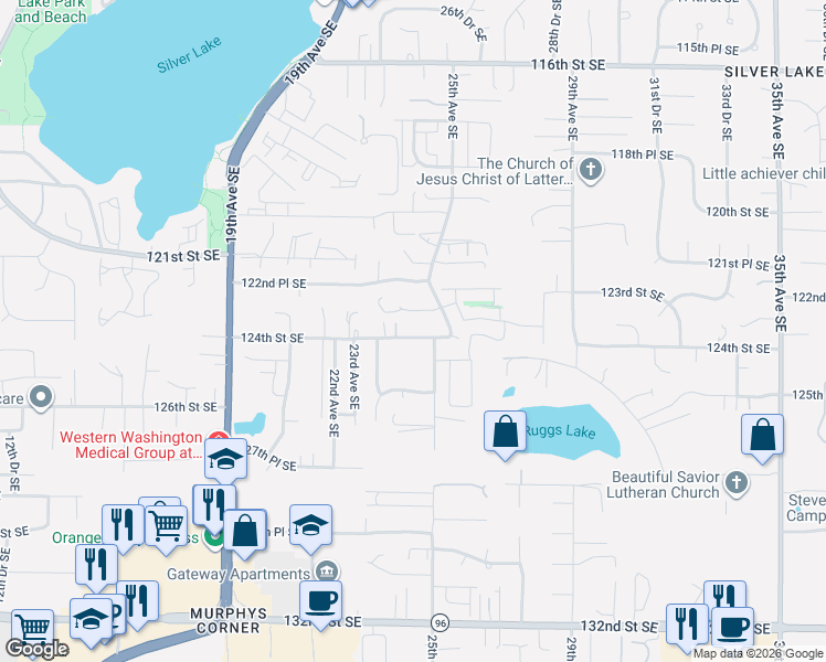 map of restaurants, bars, coffee shops, grocery stores, and more near 2432 123rd Street Southeast in Everett