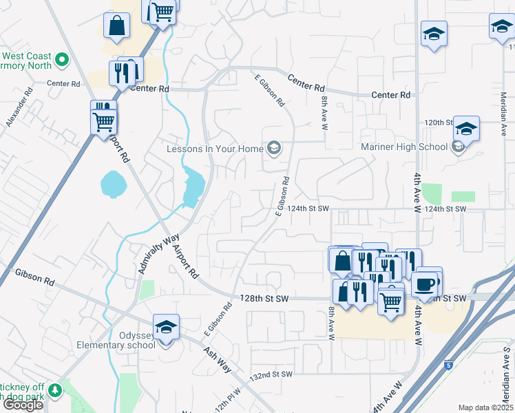 map of restaurants, bars, coffee shops, grocery stores, and more near 12404 East Gibson Road in Everett