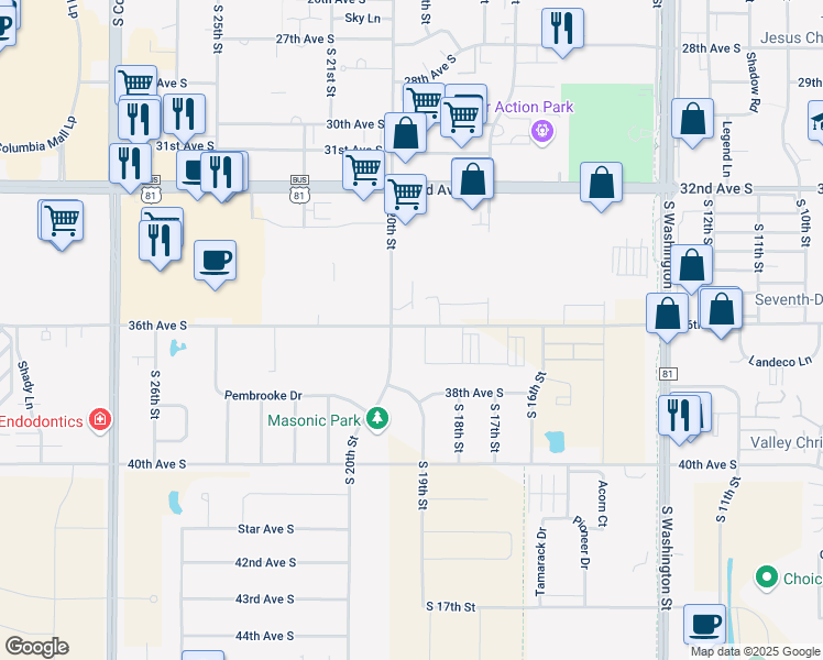 map of restaurants, bars, coffee shops, grocery stores, and more near 1660 36th Avenue South in Grand Forks
