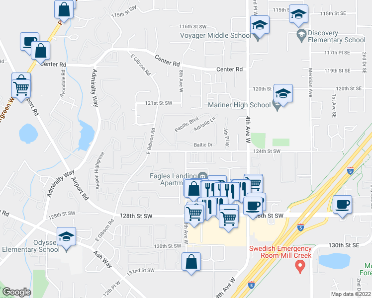 map of restaurants, bars, coffee shops, grocery stores, and more near 718 124th Street Southwest in Everett