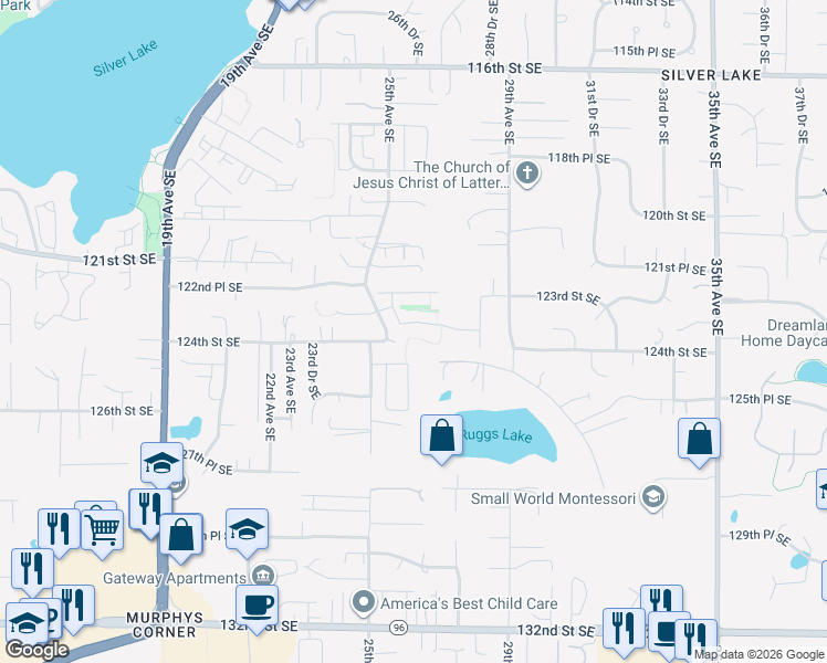 map of restaurants, bars, coffee shops, grocery stores, and more near 2605 123rd Place Southeast in Everett