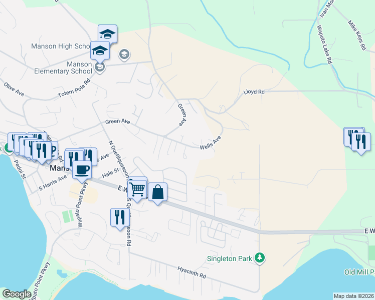 map of restaurants, bars, coffee shops, grocery stores, and more near 125 Wells Avenue in Manson