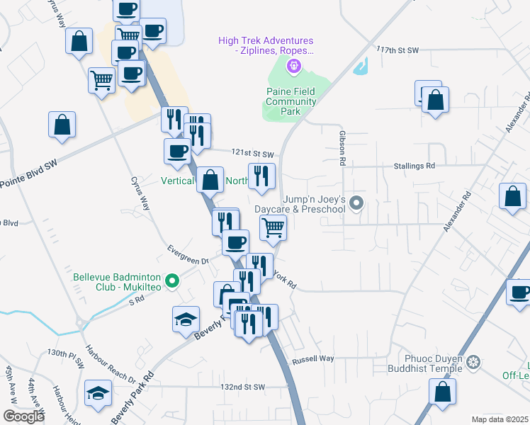 map of restaurants, bars, coffee shops, grocery stores, and more near 12326 Beverly Park Road in Lynnwood