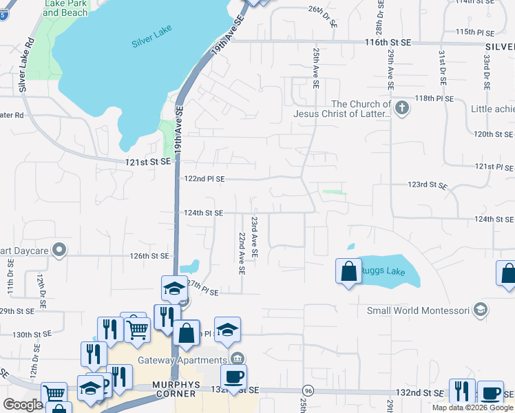 map of restaurants, bars, coffee shops, grocery stores, and more near 2223 124th Street Southeast in Everett
